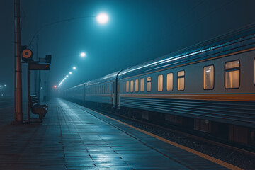 Naklejka premium Night train glows softly under the moonlight at a quiet station