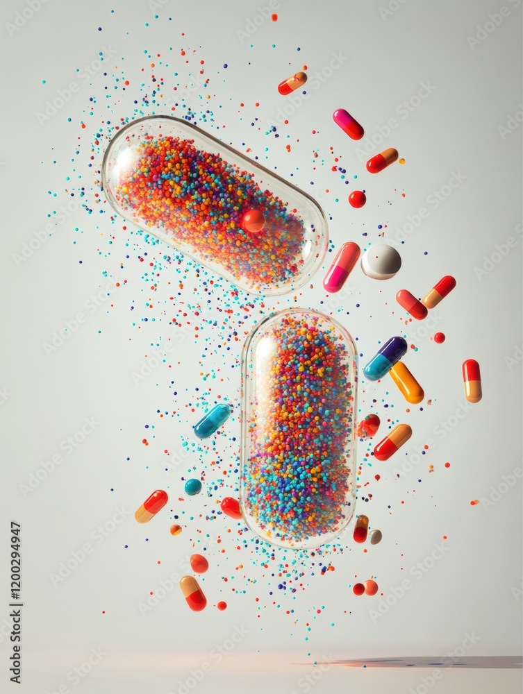 Poster Colorful particles bursting from a split capsule in a creative arrangement in a studio setting. Generative AI