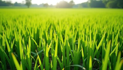 Obraz premium Vibrant green grass field bathed in sunlight. Lush blades stretch towards the bright sky, creating a tranquil and peaceful natural scene.