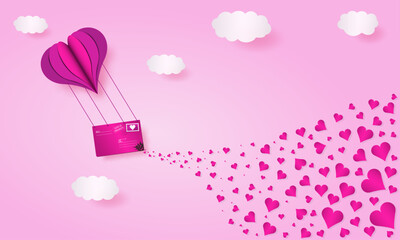 Happy valentines day romantic card, 3d balloon, hearts flying with clouds, paper cut vector. 3d envelope, love letter concept background banner to use for valentines day, romantic 14 february project.