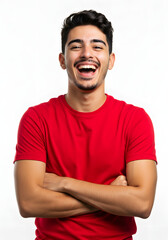 homem alegre de camiseta vermelha, jovem demonstra felicidade isolado no fundo branco