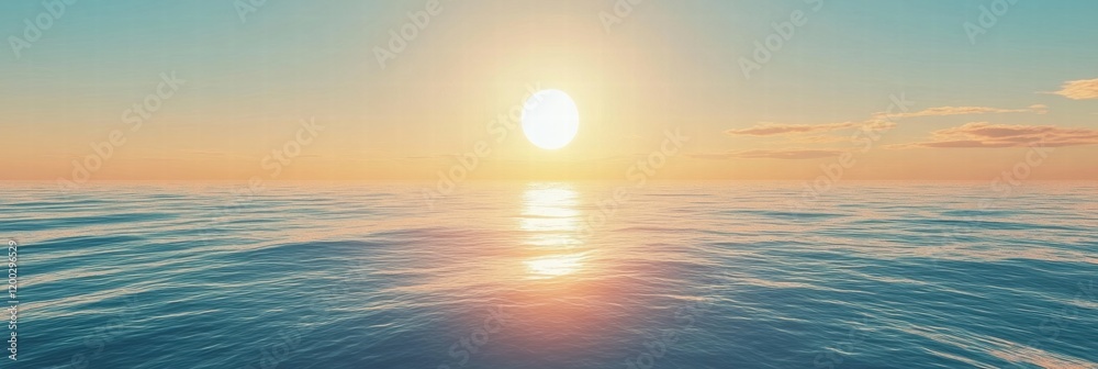 Poster bright sun rising over calm ocean waters at dawn with gentle waves reflecting the warm colors of the