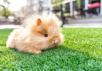 Cute bunny nestled in the grass with its ears perked, gazing away