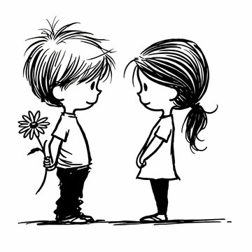 Boy holding a flower behind his back looking at a girl in a line art drawing