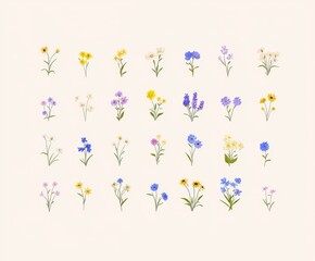 A set of vibrant spring flowers. A collection of floral branches. Isolated on white for use in greeting cards, Easter, and thanksgiving. A spring-themed set featuring hand-drawn elements