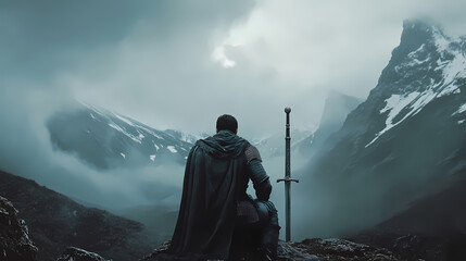 Fantasy warrior with sword in the mountains. Dark Fantasy Warrior. Illustration