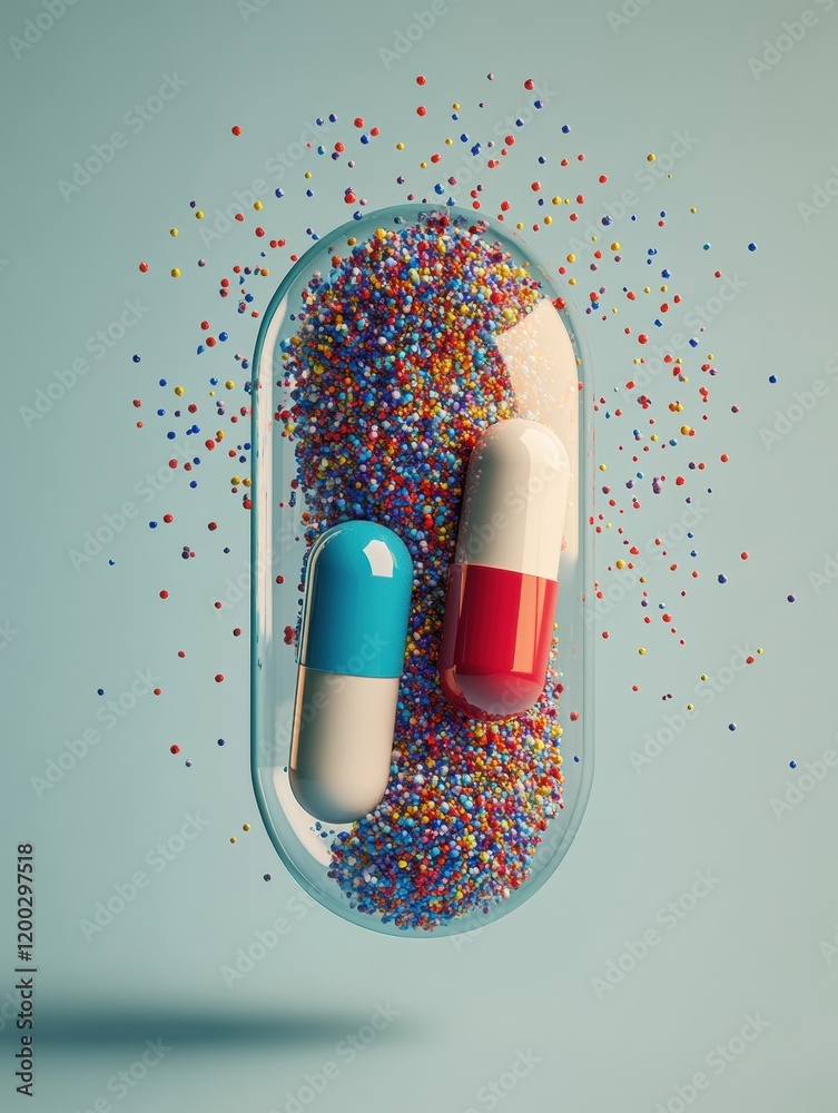 Aufkleber colorful particles flowing from a split capsule against a soft blue background, showcasing vibrant h