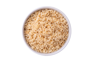 Cooked brown whole rice in a bowl isolated over white background