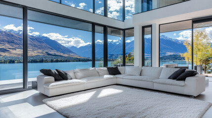 Fototapeta premium Elevated Comfort: A Modern Living Room with Panoramic Mountain and City Views