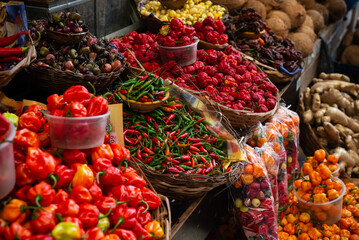 Peppers at a sales stand. Plant with a hot and spicy flavor. Fruit, seed or condiment.