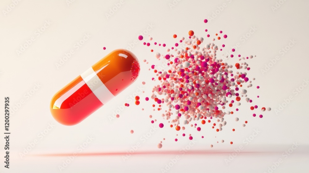 Aufkleber Colorful particles spill from a split capsule in an imaginative representation of creativity and innovation in health and wellness. Generative AI