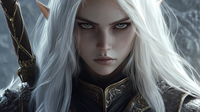 Portrait of a fantasy dark elf female warrior with white long hair. 3d rendering . fantasy illustration. elf. illustration. Dark Fantasy Warrior. Illustration