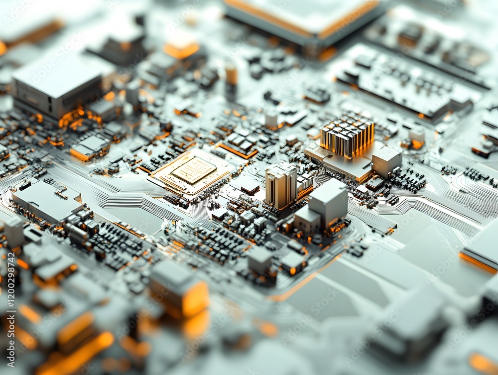 Poster a close-up of an intricate microchip, showcasing detailed circuitry and components. the image highli