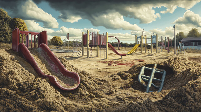 土の中から金属の化石のように掘り出された公園遊具のミステリー