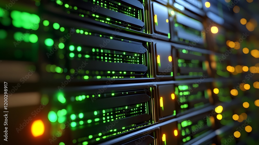 Poster a close-up view of a modern data center with illuminated server racks showcasing vibrant green and o
