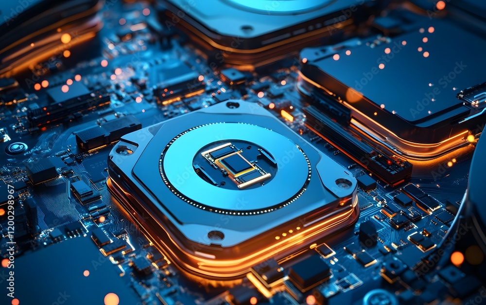 Poster a close-up view of a modern microprocessor surrounded by intricate circuitry, showcasing advanced te