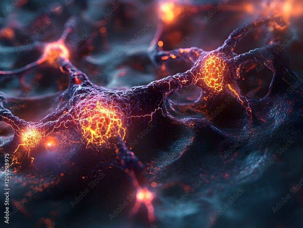 Poster a close-up view of interconnected neurons displaying intricate patterns and vibrant colors. this stu