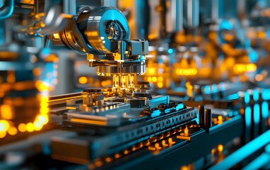 A close-up view of advanced machinery in an industrial setting, showcasing intricate components and glowing lights