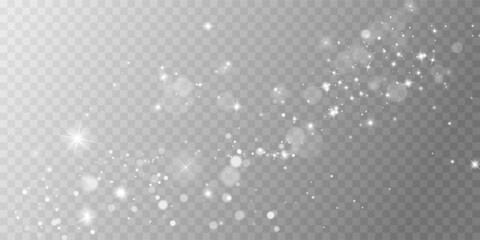 White png dust light. Bokeh light lights effect background. Christmas background of shining dust Christmas glowing light bokeh confetti and spark overlay texture for your design.	