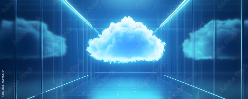 Poster a digital representation of a cloud in a futuristic setting, illuminated by neon lights, showcasing 