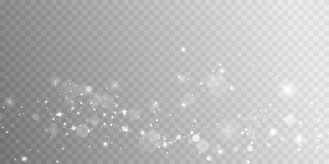 White png dust light. Bokeh light lights effect background. Christmas background of shining dust Christmas glowing light bokeh confetti and spark overlay texture for your design.	