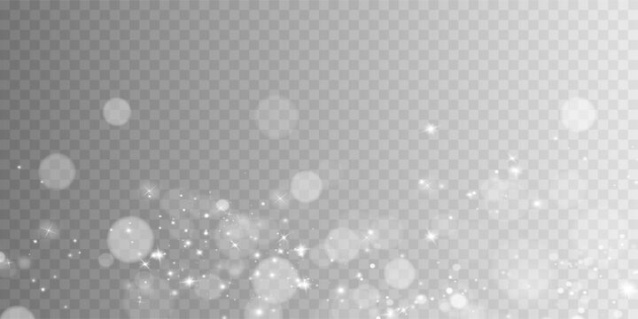 Light abstract glowing bokeh highlights. Light bokeh effect isolated on transparent background. The Christmas background shines from the dust. White png dust light. Bokeh light lights effect backgroun