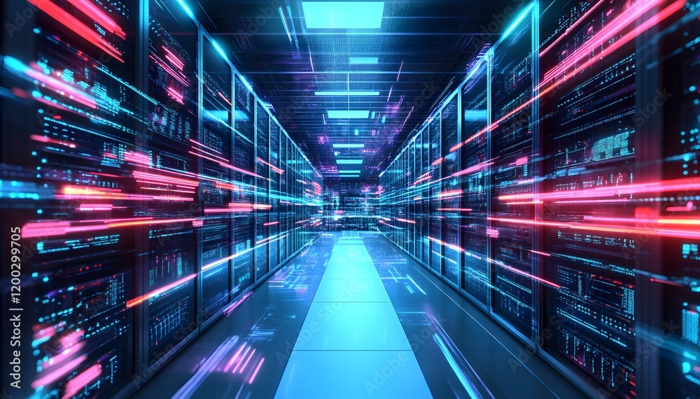 Poster a futuristic data center featuring rows of servers with vibrant neon lights, symbolizing speed and e