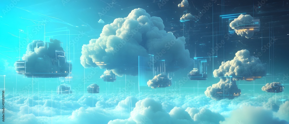 Poster a futuristic depiction of clouds in a digital landscape. the clouds are interconnected with glowing 