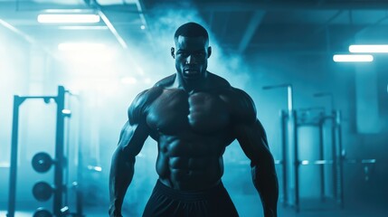 Confident African American man showcasing muscular physique in bright modern gym environment