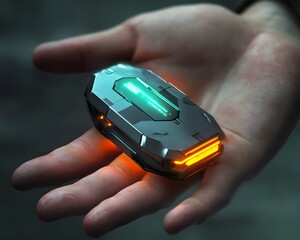 A futuristic device held in a hand, featuring glowing buttons and a sleek design. Ideal for themes of innovation, technology, and modern solutions in digital environments.