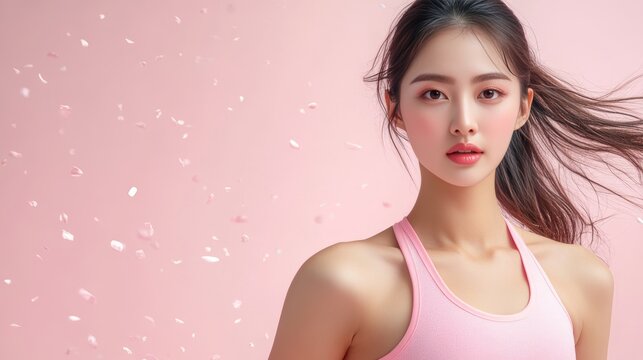 Portrait of Fit Young Asian Woman in Activewear on Pink, Health, Fitness, and Weight Loss Concept