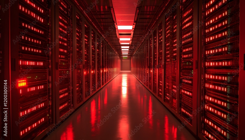 Poster a glimpse into a futuristic data center, illuminated by vibrant red lights, emphasizing the advanced