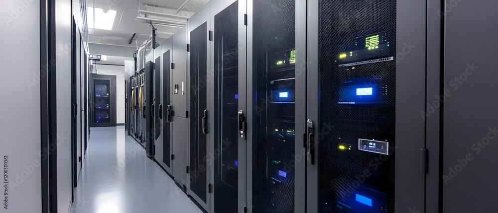 Poster a modern data center featuring multiple server racks lined in a corridor