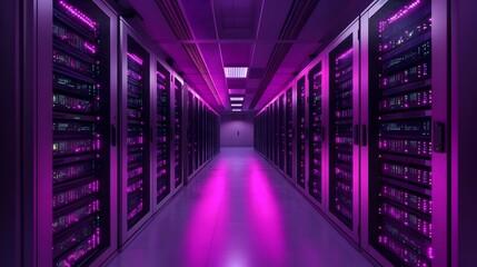 Fototapeta premium A modern data center corridor illuminated with vibrant purple lighting, showcasing rows of servers and advanced technology, representing the future of digital infrastructure.