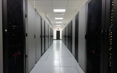 A modern data center featuring rows of sleek server racks