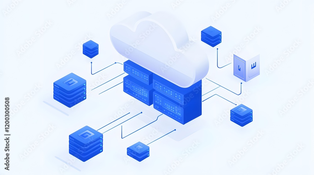 Poster a modern illustration of cloud computing, featuring interconnected servers and data storage. this vi