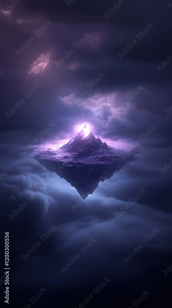 Canvas Prints a mountain is floating in the sky with a purple light surrounding it