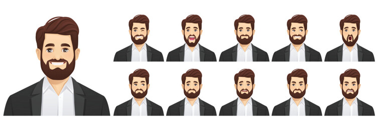 Set of handsome business bearded man wearing formal clothes with different facial expressions vector illustration isolated