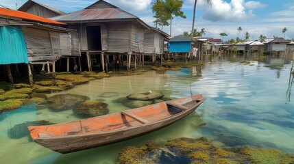 Obraz premium Tranquil Water Village Scene with Wooden Boat and Stilt Houses