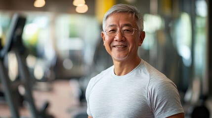 Senior Asian man with a warm smile in a bright modern gym enjoying fitness activities