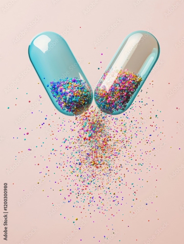 Poster colorful particles spill from split capsule against a soft background during bright daylight. genera