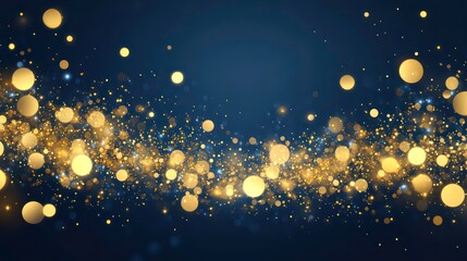 Abstract dark blue and gold particle background with Christmas golden light bokeh, shining particles on navy blue, gold foil texture, festive holiday concept