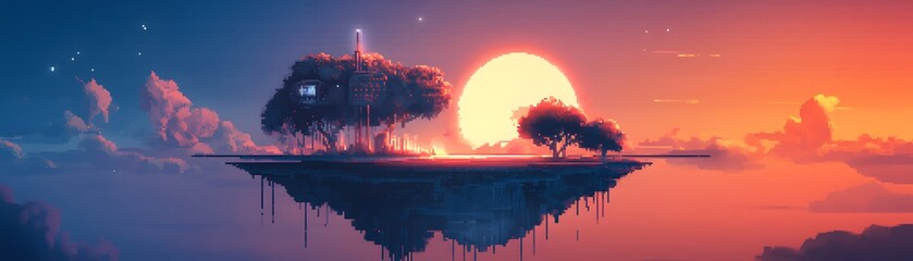 Fototapeta premium A stunning surreal landscape featuring floating islands, vibrant colors, and a serene sunset illuminating the horizon, capturing the beauty of nature and imagination.