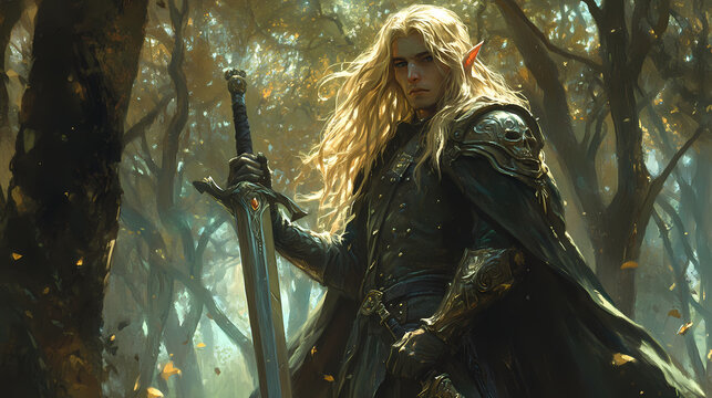 A male blonde elf fantasy warrior holds a magical greatsword in a mystical forest. Dark Fantasy Warrior. Illustration