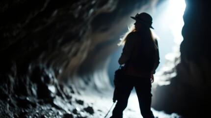 Silhouette of a person exploring a dark cave, light at the end of the tunnel.