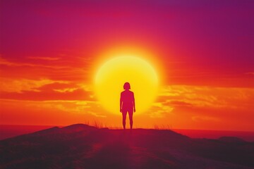 Obraz premium Silhouette Against Glowing Sky: Contemplation at Sunrise or Sunset