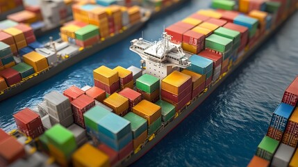 Fototapeta premium A vibrant aerial view of cargo ships loaded with colorful containers navigating through a busy port, showcasing the dynamic activity of global trade and logistics.