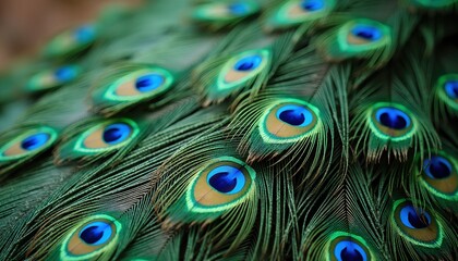 Close-up of vibrant peacock feathers.  Intricate details and rich colors showcased in this stunning natural pattern.  A beautiful display of nature's artistry.