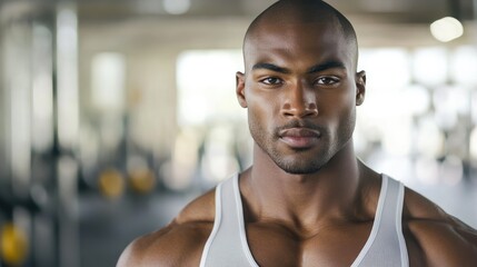 Obraz premium Confident young African American man in bright gym showing athletic build and strong presence among blurred workout equipment