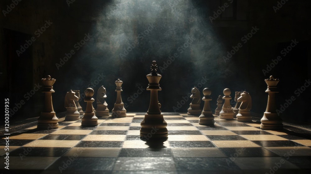 Poster Chess match in a dimly lit room with dramatic lighting creating a mysterious atmosphere. Generative AI